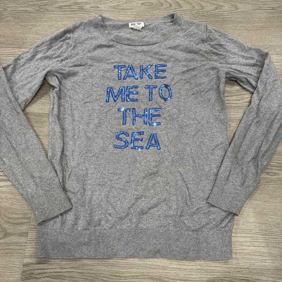 Old Navy Tops - OLD NAVY Size M "TAKE ME TO THE SEA" Sequin Sparkle Nautical Gray Sweater